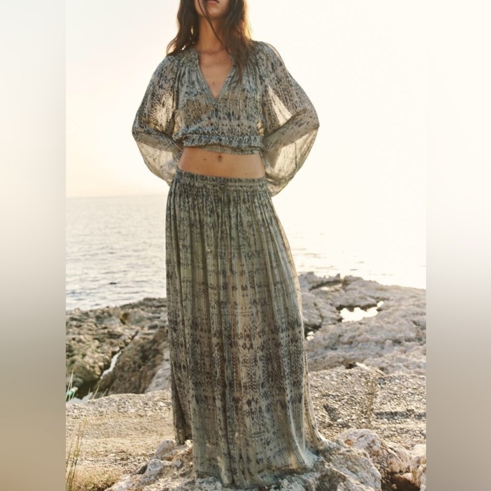 ZARA NWT SAGE METALLIC THREAD BOHO SKIRT